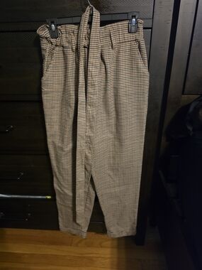 SO Brown Houndstooth Pleated Paperbag Waist Chinos